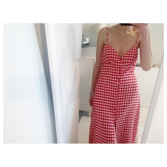 ZARA Red White Gingham Check Midi Dress L Drawstring Tie Back Sleeveless Casual - Picture 7 of 11